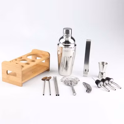 Bartender Kit Bar 750ml Mixology Tool Set and Stainless Steel Cocktail Shaker Set with Stylish Bamboo Wooden Stand Base
