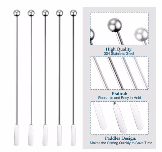 Reusable Beverage Swizzle Stick for Bar Party Home Cocktail Paddle Drink Stirrers, Stainless Steel Coffee Stirrers